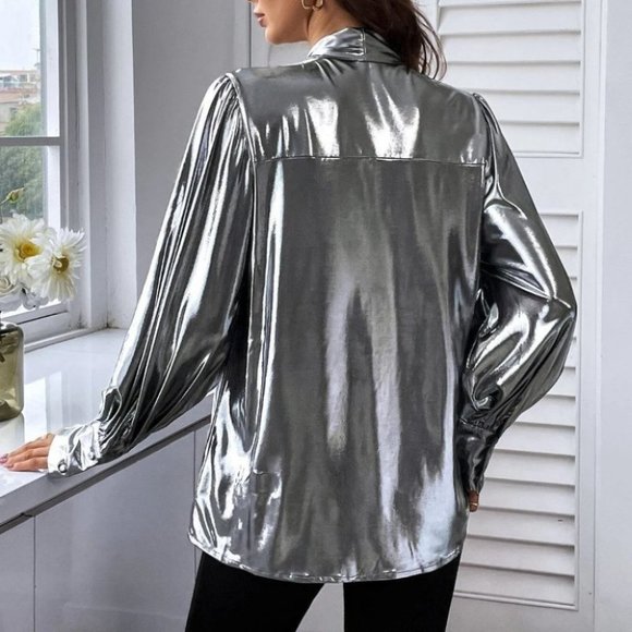 Silver Womens Tie Neck Bishop Sleeve Metallic Blouse - Picture 4 of 4